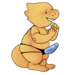 anthro beady_eyes belly blush buckteeth dildo female flustered no_navel nude open_mouth open_smile sex_toy slightly_chubby slightly_chubby_female smile solo strapon tail teeth thick_tail thick_thighs manitka undertale undertale_(series) alphys reptile scalie 1:1 low_res