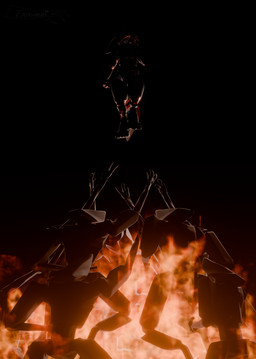 3_fingers ambiguous_gender anthro armor backlighting burning fingers fire group light machine reaching reaching_towards_another reaching_up silhouette the_architect_of_order avali robot hi_res lighting