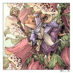 ambiguous_gender anthro barefoot brown_body brown_fur clothing crown dress feet flower fur headgear headwear holding_object holding_staff paper plant purple_clothing purple_dress solo staff tail david_petersen mouse_guard caylyn_(mouse_guard) mammal mouse murid murine rodent 1:1 female_(lore)