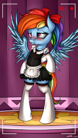accessory alternate_hairstyle anthro biped blue_body blue_feathers blue_fur blush bodily_fluids bow_(feature) bow_accessory bow_ribbon camera_view clitoris clothing feathered_wings feathers female feral fur genital_fluids genitals hair hair_accessory hair_bow hair_ribbon legwear maid_uniform multicolored_hair multicolored_tail pink_eyes ponytail rainbow_hair rainbow_tail recording ribbons semi-anthro solo spread_wings tail thigh_highs uniform vaginal_fluids vulva wings neko-me friendship_is_magic hasbro my_little_pony mythology rainbow_dash_(mlp) equid equine mammal mythological_creature mythological_equine pegasus 2015 4k 9:16 absurd_res hi_res