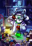 anthro clothed clothing detailed_background detailed_foreground fully_clothed fur grey_hair hair laboratory solo text white_body white_fur unknown_artist undertale undertale_(series) temmie_(undertale) canid canine felid feline mammal tem hi_res