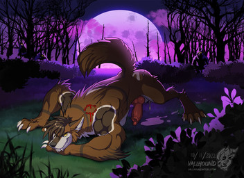 after_sex all_fours animal_genitalia animal_penis anthro ass_up bite_mark blood bodily_fluids brown_body brown_fur brown_hair butt canine_genitalia canine_penis claws cum cum_drip cum_on_butt cum_pool dripping erection full_moon fur genital_fluids genitals grin hair knot looking_at_viewer male moon muscular muscular_anthro muscular_male night nude penis plant raised_tail sharp_teeth smile solo tail teeth tree yellow_eyes vallhound mythology canid canine canis mammal mythological_canine mythological_creature werecanid werecanine werecreature werewolf wolf hi_res