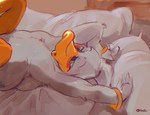 anthro beak bed blush bracelet furniture glistening glistening_eyes green_eyes jewelry lying male narrowed_eyes nude on_back on_bed open_mouth pillow solo white_body oselotti quill_wonderfowl anatid anseriform avian bird duck 2023 hi_res signature