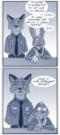 2016 4_fingers anthro canid canine clothed clothing comic dialogue disney duo english_text fan_character female fingers fox hi_res july_hopps_(mistermead) lagomorph leporid male mammal monochrome necktie nick_wilde open_mouth police police_uniform rabbit red_fox rockbottomfeeder scare_lines scared simple_background speech_bubble teeth text true_fox uniform zootopia
