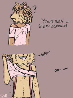 anthro brown_body brown_fur clothed clothing clothing_lift fur looking_back male presenting_belly presenting_chest shirt shirt_lift solo standing suspenders tan_body tan_fur text tongue tongue_out topwear styxyesrenegade bra_strap_showing_(meme) fetch_(fortnite) canid canine canis domestic_dog mammal pomeranian spitz 2026 3:4 colored digital_drawing_(artwork) digital_media_(artwork) english_text hi_res signature sketch