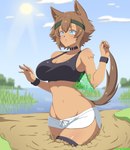 :o animal_ears big_breasts blue_eyes blue_sky blush bottomwear breasts brown_hair clothing female fingernails hair monster_girl_(genre) mud nails navel open_mouth sharp_fingernails sharp_nails shorts sky solo sun tail ace_of_bros monster_musume polt_(monster_musume) canid humanoid japanese_kobold mammal 2020 dated hi_res