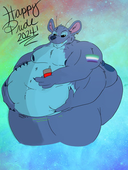 4_arms 4_fingers antennae_(anatomy) anthro anthrofied back_markings belly big_belly blue_body blue_claws blue_fur claws ear_piercing ear_ring finger_claws fingers fur lgbt_pride male markings morbidly_obese morbidly_obese_anthro morbidly_obese_male multi_arm multi_limb obese obese_anthro obese_male overweight overweight_anthro overweight_male piercing pride_color_flag pride_colors ring_piercing rumbling_stomach solo vincian_pride_colors foxyvalentines disney lgbt_pride_month lilo_and_stitch stitch_(lilo_and_stitch) alien experiment_(lilo_and_stitch) 2024 3:4 hi_res