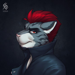 anthro black_clothing black_topwear clothed clothing facial_markings fur glistening glistening_eyes grey_body grey_fur hair head_markings logo looking_at_viewer male male_anthro markings narrowed_eyes pink_nose red_eyes red_hair side_view simple_background solo text topwear white_body white_fur cereus93 felid mammal 1:1 artist_logo artist_name bust_portrait hi_res portrait