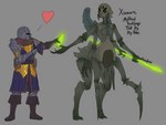 armor claws crystal duo female glowing heart_symbol male multi_eye rock staff text wide_hips medicinal_succ scale_knight_(medicinalsucc) arthropod arthropod_taur elemental_creature humanoid mineral_fauna rock_creature taur xiomorn absurd_res english_text hi_res