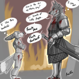 anthro armor blood bodily_fluids fire medieval melee_weapon profanity sword weapon acev stoneheart general_fahdi_(lordofthetroglodytes) voulfkanc_(wolfwithglasses) canid canine canis fennec_fox fox mammal true_fox wolf 1:1 absurd_res hi_res