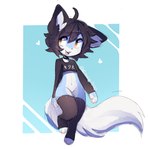 anthro black_clothing black_legwear black_thigh_highs blue_body blue_fur blush bottomless clothed clothing countershading femboy fur heart_symbol legwear male no_underwear paws simple_background solo tail thigh_highs white_body white_countershading white_fur white_tail wide_hips yellow_eyes anakoluth taeonyx canid canine fox mammal hi_res