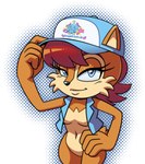 anthro baseball_cap biped black_nose blue_eyes breasts brown_body brown_hair cheek_tuft clothed clothing countershade_face countershade_torso countershading eyelashes facial_tuft featureless_breasts female furgonomic_headwear furgonomics hair half-closed_eyes hand_on_hip hand_on_own_hip hat headgear headwear looking_at_viewer narrowed_eyes navel partially_clothed print_baseball_cap print_clothing print_hat print_headgear print_headwear short_hair simple_background small_breasts solo tan_body tan_countershading text text_on_baseball_cap text_on_clothing text_on_hat text_on_headwear topwear tuft vest white_background hyoumaru archie_comics sega sonic_the_hedgehog_(archie) sonic_the_hedgehog_(comics) sonic_the_hedgehog_(series) sally_acorn chao_(sonic) chipmunk ground_squirrel hybrid mammal rodent sciurid tree_squirrel 2024 english_text hi_res