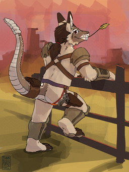 accessory anthro armor bag brown_hair clothing desert fur furgonomics gun gun_holster hair hair_accessory hair_tie harness jockstrap leather leather_harness male nude object_in_mouth ponytail ranged_weapon red_eyes sky solo sunset tail tail_accessory tail_bag tan_body tan_fur unconvincing_armor underwear weapon wheat wheat_in_mouth goatuna fallout microsoft sunset_(axeltheaussie) canid canine canis coyote hybrid mammal night_stalker_(fallout) pit_viper rattlesnake reptile scalie snake viper absurd_res hi_res nonbinary_(lore)