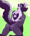 anthro balls big_tail butt genitals grumpy male simple_background solo tail icerary kaiju_paradise roblox spunky_(kaiju_paradise) mammal mephitid skunk absurd_res hi_res