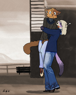 anthro bench boardwalk bodily_fluids bottomwear brown_body brown_fur carrying_another clothed clothing cloud denim denim_bottomwear denim_clothing duo eyes_closed fog footwear fully_clothed fur jeans lifting_another looking_at_viewer open_mouth overcast pants pier purple_body purple_fur railing shoes sky sneakers surprised sweat sweatdrop sweater tail topwear white_body white_fur borealhao lamapola dorian_(dorian7f) vinea_(lamapola) domestic_cat domestic_ferret felid feline felis mammal mustelid musteline true_musteline weasel 4:5 absurd_res colored digital_drawing_(artwork) digital_media_(artwork) hi_res signature