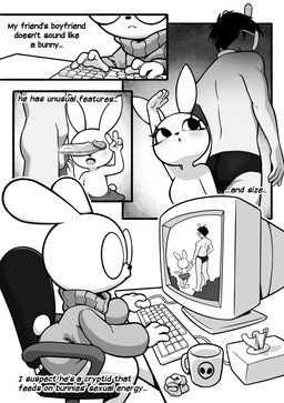 4_fingers alien_print anthro balls biped black_clothing black_hair black_nose black_speedo black_swimwear black_text bottomless bottomwear chair clothed clothing computer computer_keyboard computer_mouse container cup describing_another describing_height desk dialogue electronics ellipsis eyelashes eyewear female female_anthro fingers flat_chested furniture genitals gesture glasses group hair hand_gesture hand_on_computer_mouse human_on_anthro humanoid_genitalia humanoid_penis interspecies larger_human larger_male looking_at_computer looking_at_object male male/female male_human mug office_chair on_chair open_mouth open_smile penis penis_covering_eyes print_mug pupils round_glasses round_tail short_stack short_tail simple_background sitting sitting_on_chair size_difference skirt skirt_only smaller_anthro smaller_female smile speedo standing sweater sweater_only swimwear table tail text three-quarter_view tissue tissue_box topwear topwear_only triangle_nose typing v_sign wearing_glasses white_text_outline gaturo human lagomorph leporid mammal rabbit absurd_res comic english_text hi_res monochrome