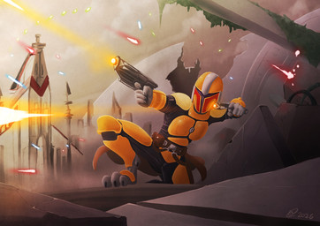 4_toes 5_fingers action_pose ambiguous_gender armor battle belt belt_pouch black_clothing blaster blaster_pistol city claws clothing detailed_background digitigrade feet fingers firing_weapon gun handgun holding_object holding_weapon light mandalorian_armor mandalorian_helmet orange_clothing outside pose ranged_weapon science_fiction solo three-quarter_view toes waist_accessory weapon danogambler lucasfilm star_wars ambiguous_species 2026 absurd_res dated digital_media_(artwork) digital_painting_(artwork) hi_res lighting painting_(artwork) portrait signature three-quarter_portrait