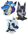 anthro collar group hair horn looking_at_viewer open_mouth open_smile smile spiked_collar spikes tongue tongue_out trio rindeadsong canid canine fish mammal marine scalie shark hi_res