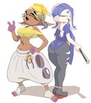 brown_body brown_skin butt clothed clothing duo female front_view hand_on_hip looking_at_viewer midriff open_mouth open_smile pseudo_hair pupils rear_view simple_background smile tentacle_hair tentacles unusual_pupils white_background yuta_agc nintendo splatoon frye_(splatoon) shiver_(splatoon) animal_humanoid cephalopod cephalopod_humanoid humanoid inkling marine marine_humanoid mollusk mollusk_humanoid octarian octoling digital_media_(artwork) hi_res