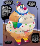 anthro balls bodily_fluids bodypaint bottomwear buckteeth clothing clown_makeup clown_nose dialogue duo embarrassed exclamation_point face_paint floor footwear genitals gloves handwear hat headgear headwear male mouth_closed offscreen_character overweight overweight_anthro overweight_male pattern_bottomwear pattern_clothing profanity question_mark red_nose shirt shoes shorts speech_bubble spots spotted_bottomwear spotted_clothing stained_clothing standing sweat sweaty_arms sweaty_legs talking_to_another teeth text topwear whiskers white_bottomwear white_clothing white_gloves white_handwear white_shirt white_shorts white_topwear wood wood_floor trashtoonz unknown_species 2025 absurd_res english_description english_text hi_res