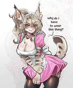 5_fingers anthro biped blush breasts claws clothed clothed_anthro clothed_female clothing dialogue female finger_claws fingers front_view fur hair inner_ear_fluff legwear looking_at_viewer markings solo standing striped_body striped_fur striped_markings striped_tail stripes tail tail_markings teeth text thigh_highs tuft praquina the_invisible_man_and_his_soon-to-be_wife luna_jarashi bobcat felid feline lynx mammal 2026 digital_drawing_(artwork) digital_media_(artwork) english_text hi_res