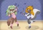 3_toes 5_fingers anthro arm_warmers armwear blonde_hair clothing cutie_mark dancing duo eyes_closed feet female fingerless_(marking) fingers frilly frilly_clothing fur green_hair grey_body grey_fur hair harp leg_warmers legwear leotard maraca multicolored_body multicolored_fur musical_instrument musical_note musical_symbol on_one_leg percussion_instrument plucked_string_instrument simple_background standing string_instrument symbol tan_body tan_fur toeless_(marking) toes white_body white_fur young young_anthro itwasscatters hasbro my_little_pony dook_(lildooks) lolly_(butterscotchlollipop) domestic_ferret mammal mephitid mustelid musteline skunk true_musteline weasel absurd_res digital_media_(artwork) hi_res