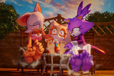 anthro barefoot clothed clothing feet female group purple_body smelly smelly_feet soles tickling tickling_feet toes trio 699mha sega sonic_the_hedgehog_(series) blaze_the_cat cream_the_rabbit rouge_the_bat bat domestic_cat felid feline felis lagomorph leporid mammal rabbit 3d_(artwork) digital_media_(artwork) hi_res