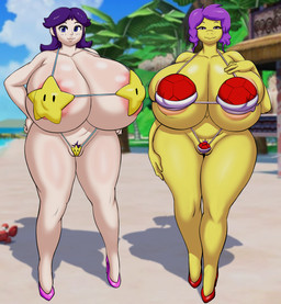 anthro areola areola_slip barely_visible_genitalia barely_visible_vulva beach big_breasts bikini biped breasts clothed clothing duo eyelashes female footwear front_view genitals glistening glistening_body hair high_heels huge_breasts hyper hyper_breasts looking_at_viewer pupils purple_hair shadow shoes skimpy smile standing swimwear thick_thighs two-piece_swimsuit vulva yellow_body deadpliss gray_impact mario_bros nintendo human koopa mammal scalie 2026 hi_res
