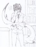 annoyed anthro arm_fin big_tail biped book bottomwear claws clothed clothing dialogue eyebrows eyewear fin front_view gills glasses hair holding_book holding_object inside librarian library looking_at_viewer male membrane_(anatomy) neck_gills necktie pants sharp_teeth shirt short_hair solo speech_bubble standing tail tail_fin talking_to_viewer teeth text topwear vest webbed_hands malachyte fish marine shark 2018 english_text graphite_(artwork) hi_res traditional_media_(artwork)