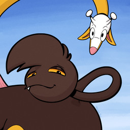 antlers brown_body brown_fur fur horn living_tail looking_at_viewer orange_sclera ossicone pink_nose sharp_teeth smug smug_face smug_grin solo tail tail_head teeth unusual_anatomy unusual_tail yellow_body yellow_fur trevor-fox nintendo pokemon kyp_(character) trevor-fox_(character) generation_2_pokemon girafarig pokemon_(species) 1:1 hi_res