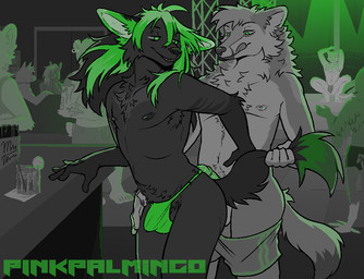 alcohol bar beverage bikini_thong clothing dark_body dark_fur fur male male/male margarita nightclub penis_on_butt pole public public_exposure public_nudity stripper stripper_pole swimwear pinkpalmingo avian bear bird canid canine canis equid equine fox horse mammal wolf