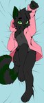 4_toes ambiguous_gender anthro bed black_body black_fur blue_background body_pillow bottomless butt chest_markings chest_tuft claws clothed clothing eyebrows feet fur furniture green_body green_claws green_eyes green_fur green_nose green_tongue grey_body grey_chest grey_fur hand_above_head hand_on_chest head_tuft hoodie hoodie_only legs_together looking_at_viewer lying lying_on_bed markings on_back on_bed open_mouth paws pillow pink_clothing pink_hoodie pink_topwear simple_background solo tail tail_markings toes tongue topwear topwear_only tuft yellow_sclera slushie-nyappy-paws ascii_fiffendahl canid canine canis mammal wolf hi_res male_(lore)