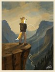 anthro backpack bodily_fluids brown_ear_tips brown_hair cliff content_smile dipstick_ears ear_markings fur genital_fluids hair happy hiking male mountain multicolored_ears orange_body orange_fur outside peeing peeing_on_ground plant scenery scent_marking solo tail tree urine urine_on_ground urine_stream wild_strokes foxbrush_tailwag canid canine fox mammal hi_res