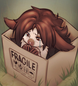 anthro bodily_fluids box brown_body brown_eyes brown_fur brown_hair container crying dipstick_snout ears_down female female_anthro fingerless_(marking) fingerless_gloves_(marking) fluffy fluffy_hair fur gloves_(marking) grass green_background hair high-angle_view long_hair markings pivoted_ears plant sad short_snout simple_background sitting solo tears text three-quarter_view trash elronya fan_character ronya lagomorph leporid mammal rabbit digital_drawing_(artwork) digital_media_(artwork) english_text hi_res