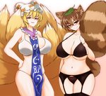 big_breasts blonde_hair blush bra breasts brown_eyes brown_hair cleavage clothed clothing dipstick_tail duo eyewear female fluffy fluffy_tail garter_belt garter_straps glasses hair hand_on_hip hat headgear headwear holding_tail inner_ear_fluff leaf light_body light_skin lingerie looking_at_viewer markings midriff multi_tail multicolored_tail navel panties ring_(marking) ringed_tail smile standing striped_markings striped_tail stripes tabard tail tail_markings tuft underwear underwear_only pandain touhou mamizou_futatsuiwa ran_yakumo animal_humanoid canid canid_humanoid canine canine_humanoid fox_humanoid humanoid mammal mammal_humanoid tanuki_humanoid