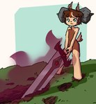 anthro aura bodily_fluids brown_body brown_fur brown_hair cursed_object ears_up fur green_eyes hair holding_melee_weapon holding_object holding_sword holding_weapon horn male melee_weapon raised_tail solo struggling sweat sweatdrop sword tail weapon azur746 soul_edge bovid caprine goat mammal