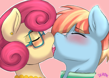 blue_body blush bodily_fluids duo ear_piercing eyes_closed eyewear female female/female french_kissing glasses hair jewelry kissing mature_female multicolored_hair necklace piercing pink_background purple_hair rectangular_glasses saliva simple_background yellow_body derpx1 friendship_is_magic hasbro my_little_pony mrs._shy_(mlp) windy_whistles_(mlp) equid equine mammal headshot_portrait hi_res portrait