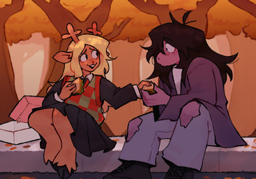 ahoge anthro antlers atmospheric_perspective autumn biped black_bottomwear black_clothing black_footwear black_shirt black_shoes black_skirt black_topwear blonde_hair blush blush_lines bottomwear box brown_body brown_ears brown_fur brown_hair buckteeth checkered checkered_clothing checkered_sweater checkered_topwear claws clothed clothing cloven_hooves container denim denim_bottomwear denim_clothing detailed_background duo eye_contact eyebrow_through_hair eyebrows eyelashes fallen_leaves female female/female finger_claws food foot_tuft footwear forest freckles fully_clothed fur hair holding_food holding_object holding_sandwich hooves horn jacket jeans leaf long_hair looking_at_another offering_food open_mouth open_smile orange_leaves outside pants pattern_clothing pattern_sweater pattern_topwear plant puckered_lips purple_body purple_clothing purple_jacket purple_topwear raised_eyebrow raised_inner_eyebrows red_nose rounded_snout sandwich_(food) shirt sitting skirt smile surprised sweater sweater_vest teeth topwear torn_bottomwear torn_clothing torn_jeans torn_pants translucent translucent_hair tree tuft unguligrade vest white_clothing white_shirt white_topwear wide_eyed darmicy deltarune undertale_(series) noelle_holiday susie_(deltarune) deer mammal new_world_deer reindeer scalie 2022 digital_media_(artwork) hi_res