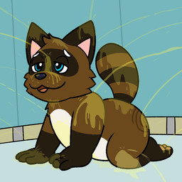 anthro blue_eyes bodily_fluids genital_fluids male male_peed_on urine urine_on_face urine_on_hand urine_on_head urine_on_leg urine_on_stomach urine_on_tail urine_stream watersports nishi_oxnard pokie_(pokiedragon25) canid canine mammal raccoon_dog tanuki 1:1