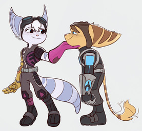 anthro blush clothed clothed_female clothed_male clothing cybernetic_arm cybernetic_limb duo eyewear eyewear_on_head female fluffy fluffy_tail fur gloves goggles goggles_on_head hair handwear male male/female markings pink_nose ring_(marking) ringed_tail simple_background striped_markings striped_tail stripes tail tail_markings tail_motion tail_tuft thin_tail tuft white_body white_fur white_hair yellow_body yellow_fur time_fluffy500 ratchet_and_clank sony_corporation sony_interactive_entertainment ratchet_(ratchet_and_clank) rivet_(ratchet_and_clank) lombax mammal hi_res