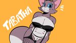 anthro big_breasts blue_eyes bottomless breasts cleavage clothed clothing female fishnet_clothing fishnet_legwear fur garter_straps genitals grey_body grey_fur grin legwear lingerie looking_at_viewer multi_nipple nipples potbelly pubic_stubble pussy simple_background smile solo text yellow_background electricplasmid tabatha_(samoyena) domestic_cat felid feline felis mammal 2021 hi_res