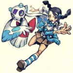 clothed clothing duo female gym_leader looking_at_viewer not_furry simple_background white_background may_dog nintendo pokemon candice_(pokemon) froslass generation_4_pokemon human mammal pokemon_(species) spirit 1:1 low_res