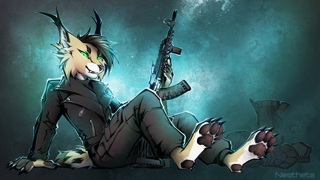 4_toes anthro barefoot biped black_pawpads bottomwear claws clothed clothed_anthro clothed_male clothing feet finger_claws fingers front_view fully_clothed fully_clothed_anthro fully_clothed_male fur gun hair holding_gun holding_object holding_ranged_weapon holding_weapon looking_at_viewer male pawpads paws ranged_weapon simple_background sitting smile soles solo teeth toe_claws toes topwear weapon neotheta felid feline lynx mammal 16:9 2026 digital_drawing_(artwork) digital_media_(artwork) hi_res widescreen