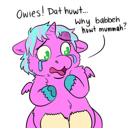 1_horn abuse abused baby_talk blue_hair blue_hooves bodily_fluids crotch_breasts crying dialogue eyelashes female female_feral feral front_view fur green_eyes hair head_bump hooves horn looking_at_another offscreen_character open_mouth pink_body pink_fur pink_wings sad simple_background solo spiral_horn tears text white_background wings wounded young young_female young_feral squeegull fluffy_pony mythology equid equine fluffy_pony_(species) mammal mythological_creature mythological_equine winged_unicorn 1:1 2025 absurd_res comic digital_media_(artwork) english_text flat_colors hi_res