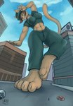 5_fingers anthro barefoot bottomwear breasts building city clothing cloud dancing duo feet female fingers fur green_clothing hat headgear headwear macro pants sky smile solo_focus street chinchy domestic_cat felid feline felis mammal 2022 hi_res