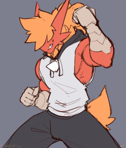 anthro bottomwear chest_spike clothing hair hair_over_eyes male muscular orange_hair pants red_body solo spikes spikes_(anatomy) lyorenth-the-dragon nintendo pokemon blaziken generation_3_pokemon pokemon_(species) 2026 colored_sketch hi_res sketch