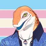 1:1 anthro asexual_pride_colors blue_clothing blue_tongue blue_topwear bust_portrait clothed clothing front_view green_eyes jewelry lgbt_pride looking_at_viewer male necklace open_clothing open_mouth open_topwear orange_body pansexual_pride_colors portrait pride_colors rayliicious scalie solo tongue topwear transgender_pride_colors white_body