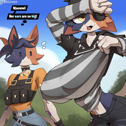anthro big_breasts blush bodily_fluids breasts clothed clothing clothing_lift duo female female/female fully_clothed huge_breasts shirt shirt_lift small_waist sweat sweatdrop text topwear cooliehigh epic_games fortnite cate_meowdy meow_skulls calico_cat domestic_cat felid feline felis mammal 1:1 2025 english_text hi_res