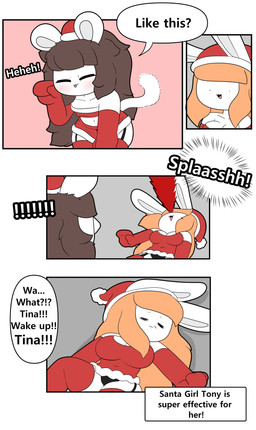 anthro blood bodily_fluids breasts brown_hair christmas_clothing christmas_dress christmas_headwear cleavage clothed clothing dialogue dress duo eyelashes eyes_popping_out female garter_straps hair hat headgear headwear holidays long_hair male navel nosebleed orange_hair panties pose red_clothing santa_hat speech_bubble tail text tongue tongue_out underwear tonytoran christmas tina_(tonytoran) tony_(tonytoran) chinchilla chinchillid lagomorph leporid mammal rabbit rodent absurd_res comic english_text hi_res