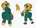 anthro big_butt blue_eyes bottomwear bra breasts butt clothing female footwear fur holding_object pants side_boob solo sports_bra striped_body striped_fur stripes underwear yellow_body yellow_fur yoga_pants omegasunburst ratchet_and_clank sony_corporation sony_interactive_entertainment angela_cross lombax mammal 2024 guide_lines sketch